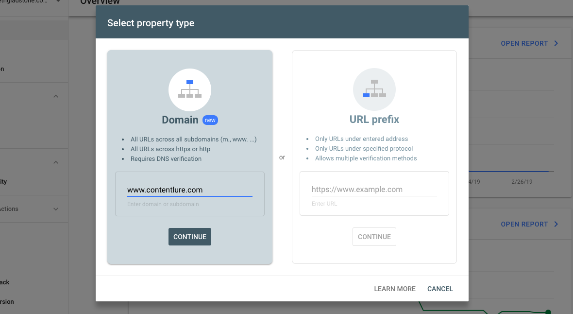 enter domain for website property